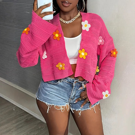 J5085 Amazon Europe and America Cross-border Autumn and Winter New Clear Color Cardigan Embroidered Fashion Loose Casual Sweater Jacket
