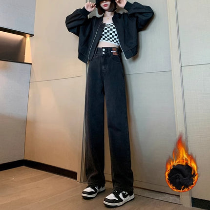 Black Grey fleece-lined Wide Leg Jeans Women's Autumn and Winter Trendy All-match New High Waist Loose Slimming Straight Pants