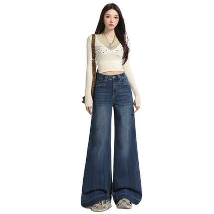 Raccoon House # Vintage Washed Blue Jeans for Women Fashion European and American Style High Waist Loose Flared Floor-Length Wide-Leg Pants