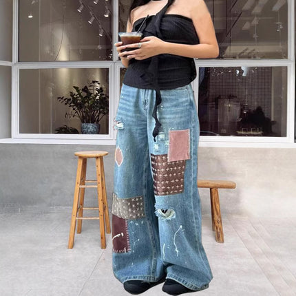 American High Street Design Splatter Print Jeans for Women, New Summer Style, Slimming Ripped Patchwork Floor-Length Pants