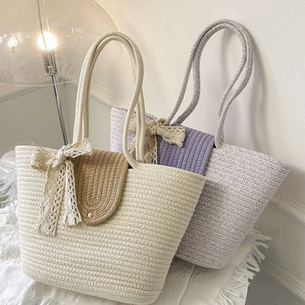New woven bag shoulder bag simple handbag bucket straw bag seaside vacation leisure cotton rope tote bag
