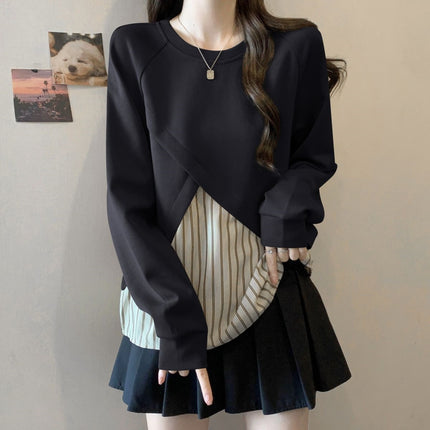 Plus-Size Women's Loose Striped Patchwork Faux Two-Piece Top for Autumn, Slimming Versatile Regular Shoulder Base Shirt
