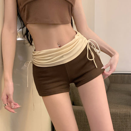 Contrast Color Drawstring Casual Shorts Women's Summer Pleated High Waist Slimming Straight Pants Hot Girls Slim-fit Hot Pants