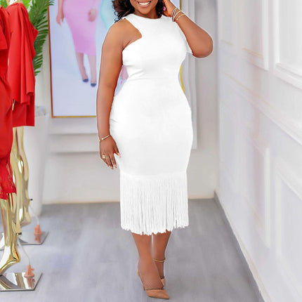 D357 Independent Station European and American Plus Size Women's Clothing 2023 Summer New Pure Color Hip-Covering Tassel Pencil Skirt African Dress