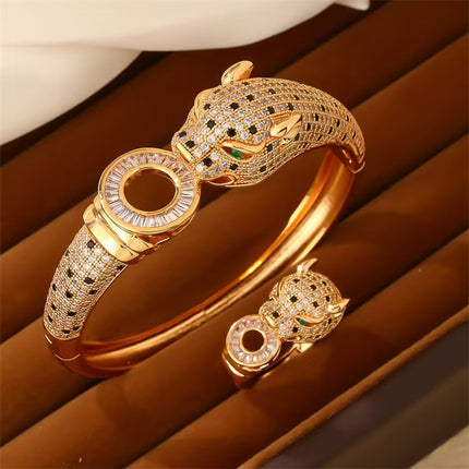 Europe and the United States cross-border new niche luxury micro inlaid zircon full diamond gold plated leopard head buckle bracelet ring suit