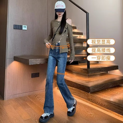Blue Jeans Women's Small High Waist Slim-fit Slim Look Tall Micro-flared Pants Korean-style Stretch All-match Mop Pants