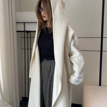 New Women's Autumn and Winter Extended Loose Korean Woolen Outwear Hooded Double-Sided Cashmere Outwear Women's Bathrobe Style