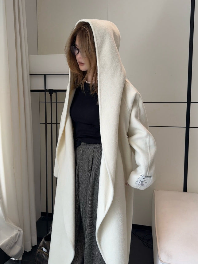 New Women's Autumn and Winter Extended Loose Korean Woolen Outwear Hooded Double-Sided Cashmere Outwear Women's Bathrobe Style