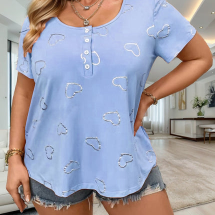 Europe and the United States cross-border 2025TEMUwish foreign trade women's round neck button love printing women's short sleeve loose T-shirt