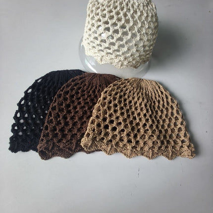 Korean Niche Design Cotton Hollow Breathable Knitted Hat for Women with Large Head Circumference, Fashionable Photo-Taking Head Wrap Hat