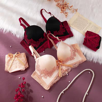 Red Embroidered Lace Sexy Wireless Bra Set for Women, Comfortable Push-Up and Side Support Bra Set