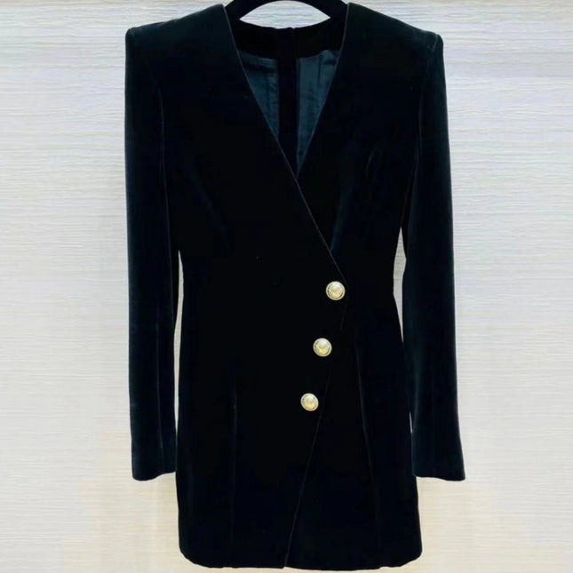 Foreign trade cross-border European and American stars same Style B lion buckle black velvet V-neck long sleeve dress coat socialite suit skirt