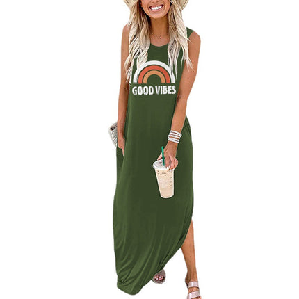 Spot Amazon Independent Station Ebay Women's Dress Good Vibes Rainbow Flap Pocket Pants Casual Sleeveless Long Skirt