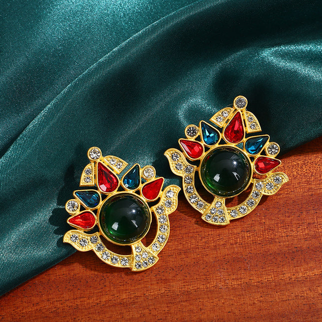 925 Silver Middle Ancient vintage Color Cat's Eye Round Earrings Retro Niche Light Luxury High-end Court Style Earrings