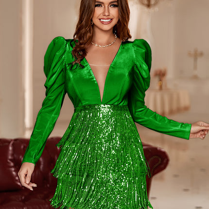 Foreign trade Europe and the United States independent station sexy sequins stitching dress waist tassel hip skirt temperament ball dress