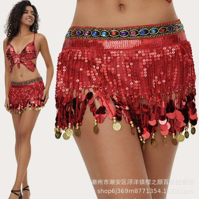 Cross-border explosions belly dance waist chain sequins tassel dance hip towel Indian dance gong pure color film practice waist towel