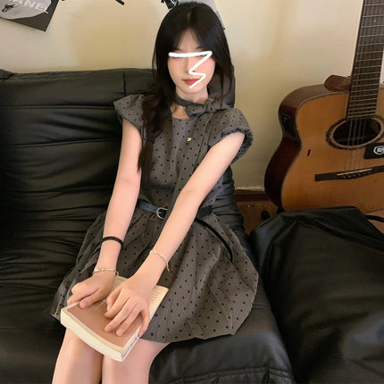 French Gray Wave Dot Small Flying Sleeve dress Children's Summer 2025 New Style Small Sweet A- line Skirt