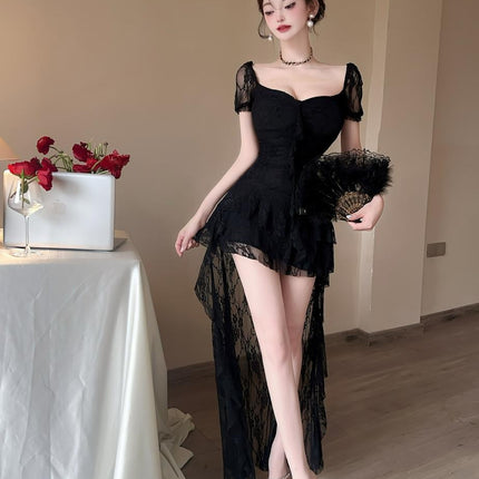 Nightclub Clothes 9210 Sexy Lace Female Technician Long Skirt Ladylike Elegant Cut Out Asymmetrical Low-Cut Dress