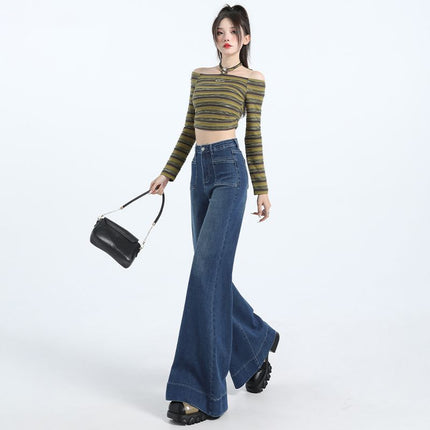 Vintage Mop Wide Leg Jeans Women's 2024 New Autumn Small High Waist Loose Dagging Big Leg Pants