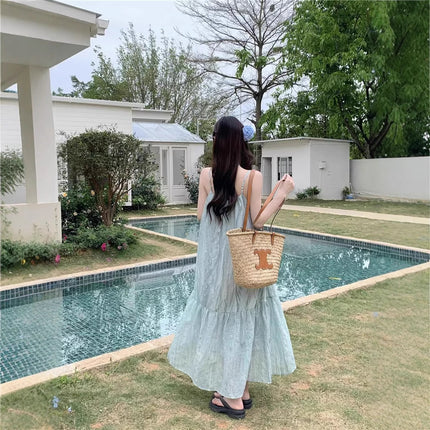 Mint Green Fresh Sling dress Women's Summer 2025 New Loose Slimming Vacation Style Seaside Midi Dress