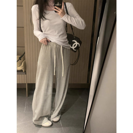Striped Knit Wide-Leg Pants for Women, Autumn Relaxed Lazy Loose Slimming Casual Pants, Floor-Length Casual Pants for Women
