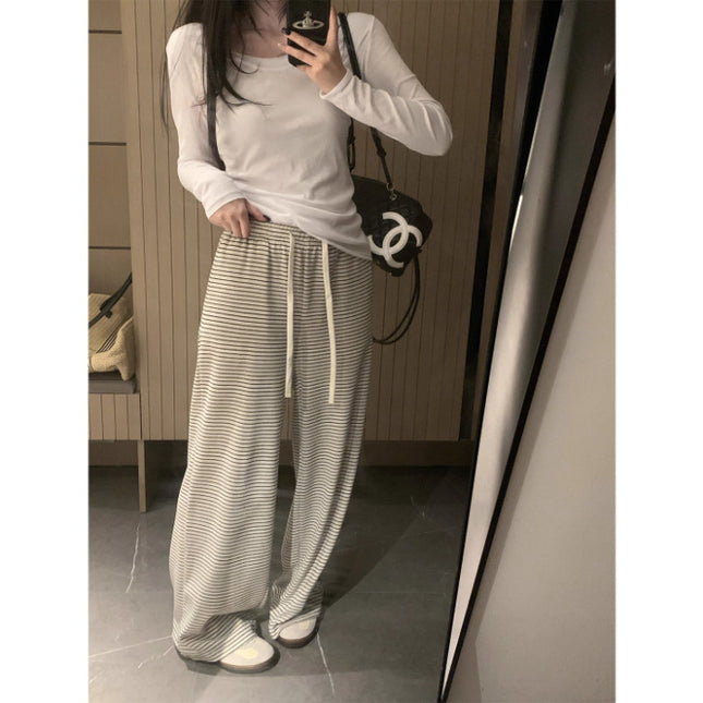 Striped Knit Wide-Leg Pants for Women, Autumn Relaxed Lazy Loose Slimming Casual Pants, Floor-Length Casual Pants for Women