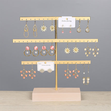 Solid Wood Iron Earrings Display Rack Golden Vertical Three-Layer 52 Hole Golden Earrings Storage Rack Earrings Display Rack