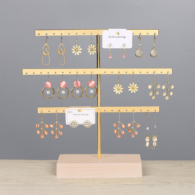 Solid Wood Iron Earrings Display Rack Golden Vertical Three-Layer 52 Hole Golden Earrings Storage Rack Earrings Display Rack