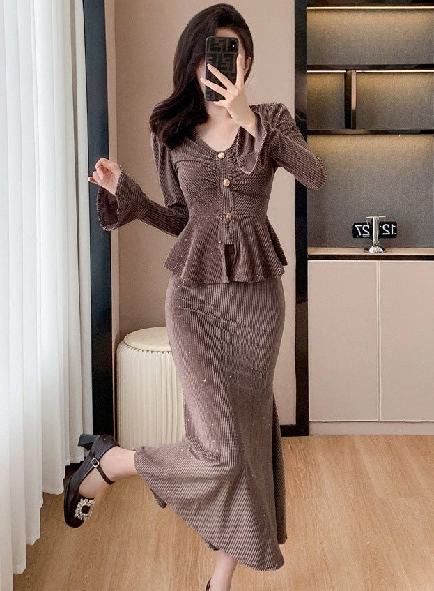 Light Luxury Celebrity Fashion Suit for Women 2024 Autum New Sequined Bell Sleeve Top Fishtail Skirt Two-Piece Set