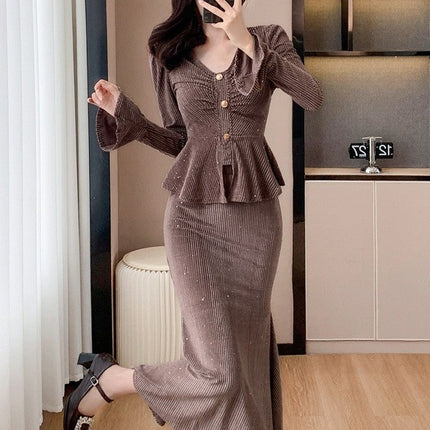 Light Luxury Celebrity Fashion Suit for Women 2024 Autum New Sequined Bell Sleeve Top Fishtail Skirt Two-Piece Set
