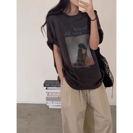 2025 Summer New Cotton Short-sleeved T-shirt Women's Half-sleeved Loose Casual All-match Round Neck Korean Printed Custom-made Women