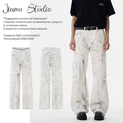 Jiamu Patchwork Dirty American High Street Baggy White Loose Wide-Leg Casual Pants Unisex Straight-Leg Flared Pants