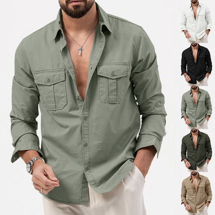 2025 New Men's Shirts Cross-Border Export Aliexpress Independent Station European and American Multi-Flap Pocket Pants Casual Long-Sleeved Tops for Men
