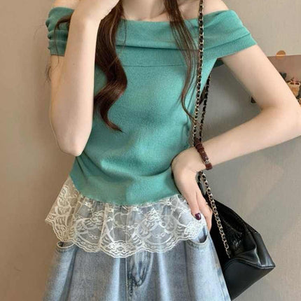 Green off-shoulder short-sleeved top women's dopamine in early summer is beautiful and beautiful and pure waist T-shirt