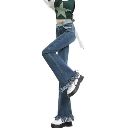 Vintage Tassel Micro-flared Jeans Women's Fashion All-match New High Waist Slimming Stretch Design Sense Trumpet Trousers