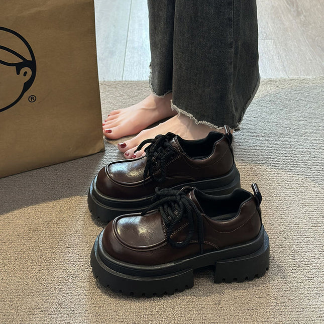 Thick-Soled Small Leather Shoes for Women 2025 Autumn and Winter New British Style New Products with Skirts Black Lace-Up Loafers Brown