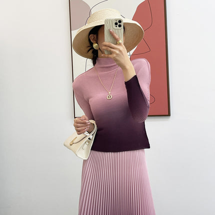 Textured Pleated Bottoming Shirt for Women, Elegant High Collar, Slim Fit, Miyake Non-Balling Gradient Long-Sleeved T-Shirt Top