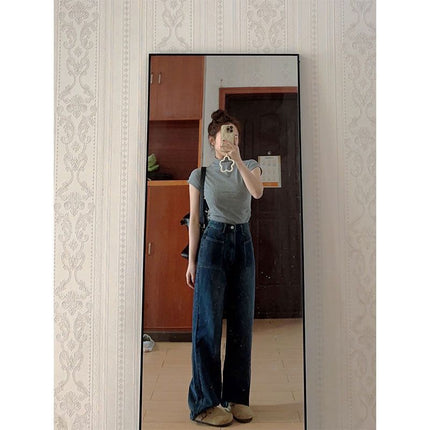 Blue-Gray Elegant Slimming High-Waisted Jeans 2025 Wide-Leg Petite Drape Floor-Length Pants Personality High Street Women