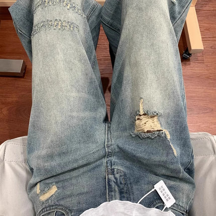 American Style Ripped Jeans for Women, Summer New Large Size, High-Waisted, Pear-Shaped Figure, Slimming, Loose Wide-Leg Pants