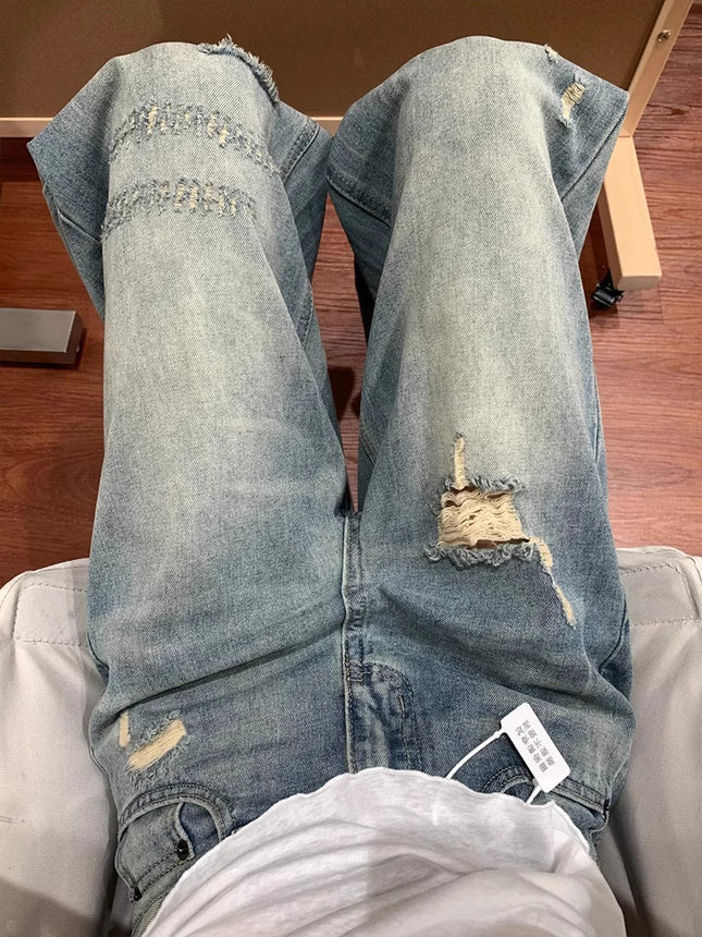 American Style Ripped Jeans for Women, Summer New Large Size, High-Waisted, Pear-Shaped Figure, Slimming, Loose Wide-Leg Pants