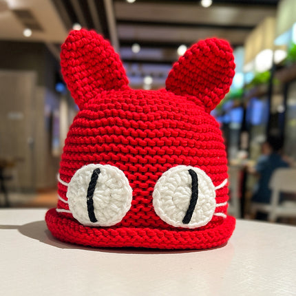 Hand-woven demon big-eyed cat funny wool hat children's green cartoon knitted head cap for men