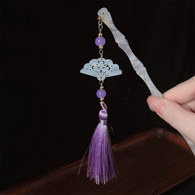 Purple Folding Fan Ink Painting Tassel Hair Hairpin Antique High-end Feeling Disc Hair Hairpin Step-up Women's Hanfu Hair Hairpin Headwear
