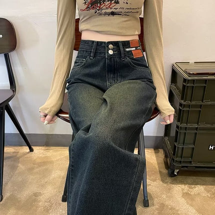 Retro blue narrow straight pants women's spring and autumn 2024 New High waist slimming mop wide leg jeans small