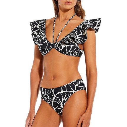 2024 European and American bikini New Double-sided Ruffled Printed High Waist Split Swimsuit Tassel Wrap Skirt 25206