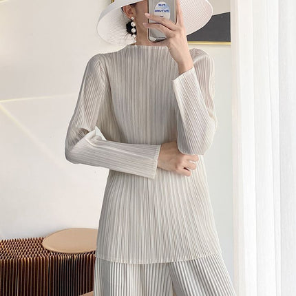 Miyake Basic Pleated Top Women's Long-sleeved Autumn New Pressed-Fold Texture High-end All-match T-shirt Base Shirt