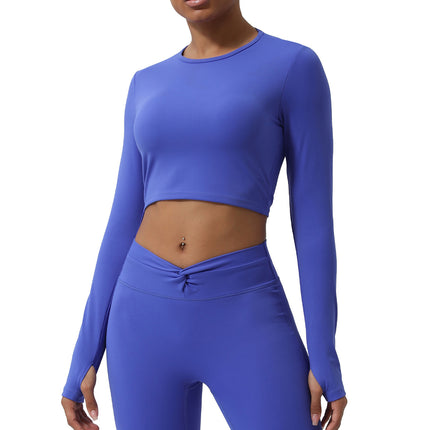 Spring New nude hollow-out beauty back sports top twisted short yoga clothes with chest pad long sleeve T-shirt workout clothes