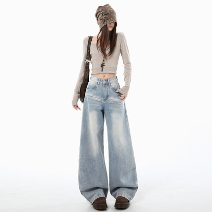 Light Blue Women's Jeans Autumn New American Design Loose Slimming Drapey Lazy Floor-Length Wide-Leg Pants