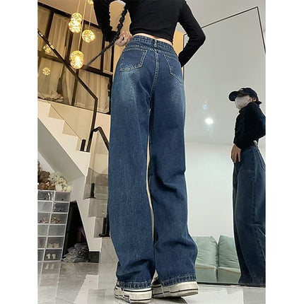 American retro small fleece-lined high waist jeans women's autumn and winter chubby girl plus size straight wide leg mop pants fashion