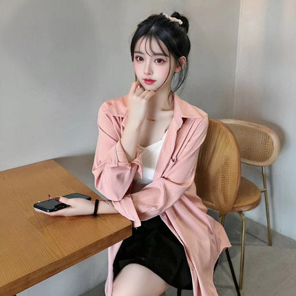 Solid Color Shirt Women's Mid-Length Western-style Shirt Design Sense Niche Front Short Back Long Chic Top Outer Thin Coat