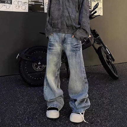 American Retro High Street Lightning Crackle Jeans Men's Vibe Design Niche Straight-Leg Casual Pants